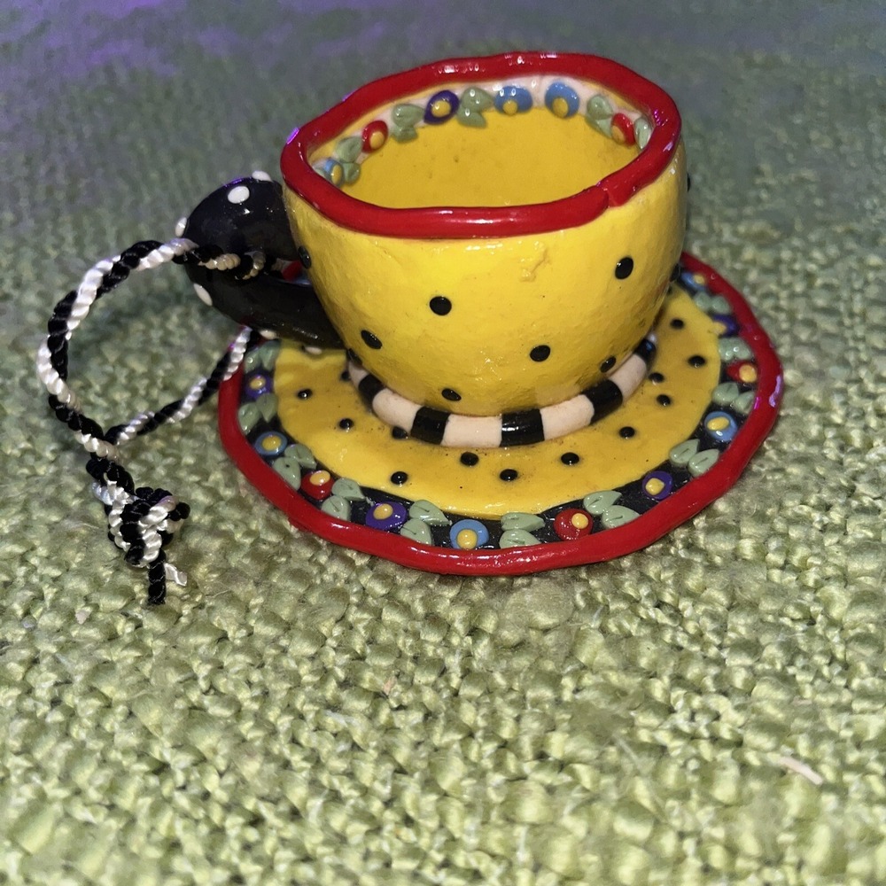 Vtg‎ Mary Engelbreit mini Tea Cup with Saucer tree ornament 3x2, Stamped ME